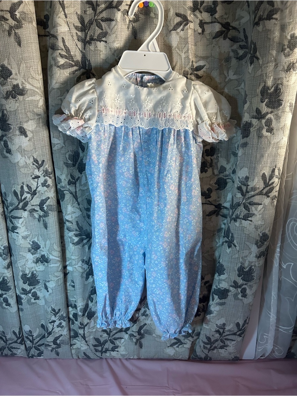 Blue Floral Baby One-Piece with White Eyelet Yoke by